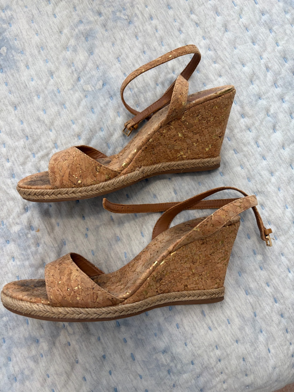 Tory Burch Cork Espadrille Wedge Sandals with Gold Flecks